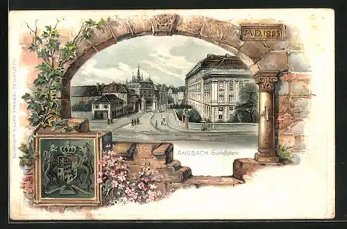 Passepartout-Lithographie Ansbach, Strassenpartie am Schlossplatz, Wappen