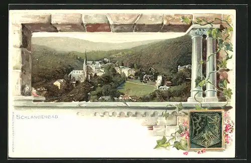 Passepartout-Lithographie Schlangenbad, Ortsansicht aus der Vogelschau, Wappen