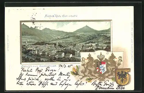 Passepartout-Lithographie Annweiler, Panoramablick auf den Ort, Wappen