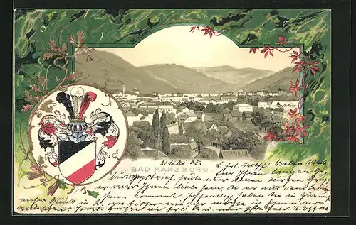 Passepartout-Lithographie Bad Harzburg, Teilansicht mit Bergen, Wappen