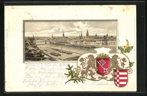 Passepartout-Lithographie Bremen, Stadt und Weser, Wappen