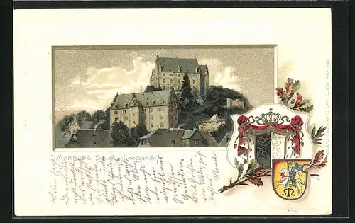 Passepartout-Lithographie Marburg, Schloss und Landgericht, Wappen