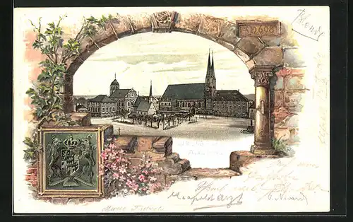 Passepartout-Lithographie Altötting, Hauptplatz mit Kirche, Wappen