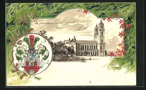 Passepartout-Lithographie Magdeburg, Der Dom, Wappen