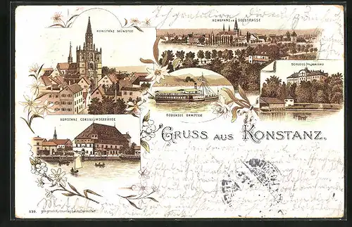 Lithographie Konstanz, Münster, Bodensee Dampfer