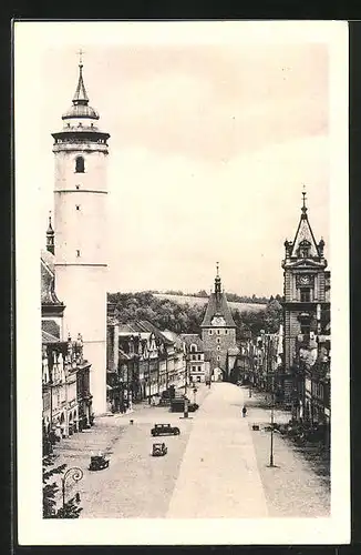 AK Domazlice, Strassenpartie mit Turm