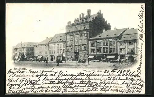 AK Pilsen /Plzen, Blick auf den Rathausplatz