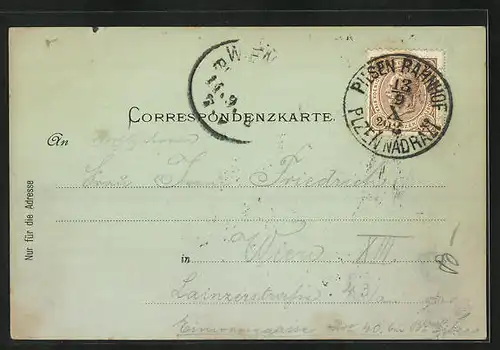 Mondschein-AK Pilsen /Plzen, Ortsansicht aus der Vogelschau