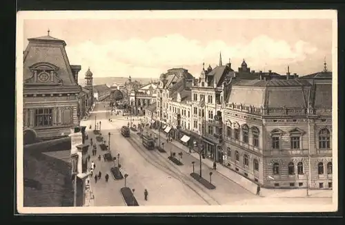 AK Pilsen /Plzen, Strassenbahnen in der Innenstadt