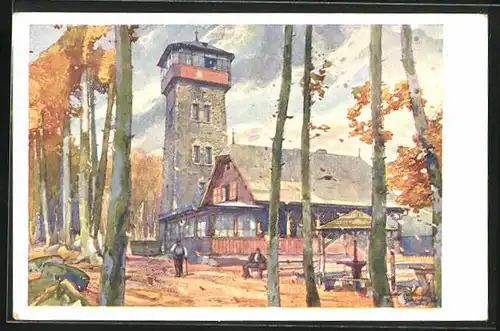 Künstler-AK Cerchov, Chýze Pasovského, Gasthaus mit Aussichtsturm