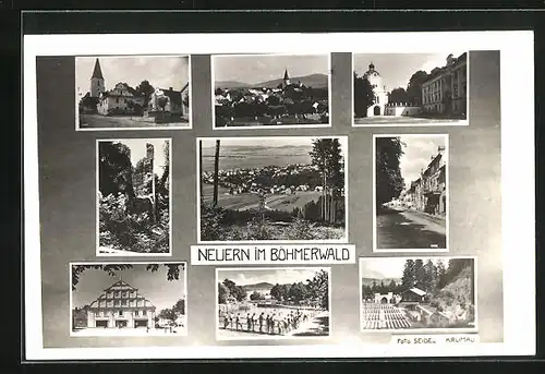 AK Neuern /Böhmerwald, Teilansicht mit Kirche, Panorama vom Hang, Schwimmbad, Strassenpartie