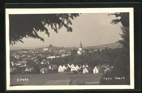 AK Nýrsko, Gesamtansicht mit Kirche aus dem Wald