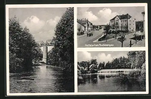 AK Holleischen /Sudetengau, Strassenpartie mit Gebäudeansicht, Brücke, Wasserfall