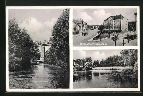 AK Holleischen /Sudetengau, Strassenpartie mit Gebäudeansicht, Brücke, Wasserfall