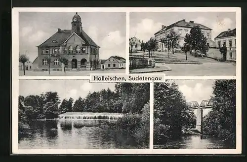 AK Holleischen /Sudetengau, Gebäudeansicht, Brücke, Ortspartie