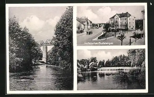 AK Holleischen /Sudetengau, Strassenpartie mit Gebäudeansicht, Brücke, Wasserfall