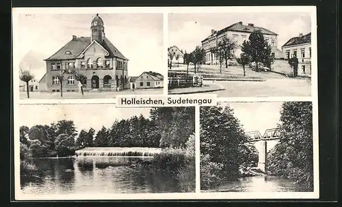 AK Holleischen /Sudetengau, Gebäudeansicht, Brücke, Ortspartie