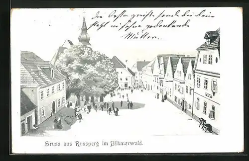 AK Ronsperg i. Böhmerwald, Strassenpartie mit Kirche