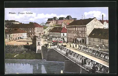 AK Pilsen, Prager Brücke mit Strassenbahn