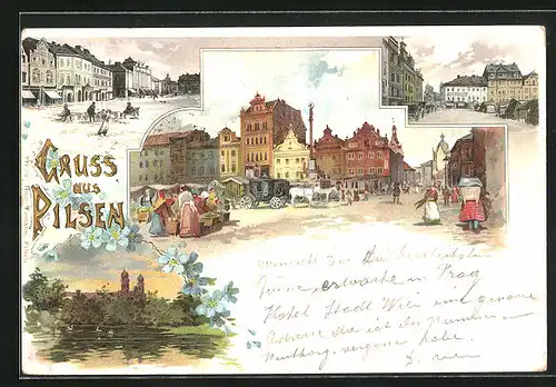 Lithographie Pilsen, Uferpartie mit Kirche, Marktplatz mit Pferdewagen, Strassenpartie mit Gebäudeansicht