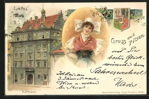 Lithographie Pilsen, Rathaus, Frau in Tracht, Wappen