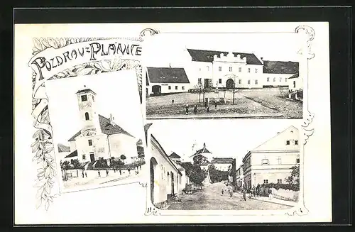AK Planice, Strassenpartie mit Gebäudeansicht, Kirche, Denkmal
