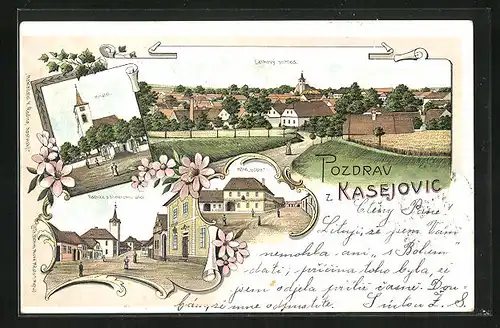 Lithographie Kasejovice, Hotel Posta, Kostel, Radnice s blatenskou ulici, Celkovy pohled