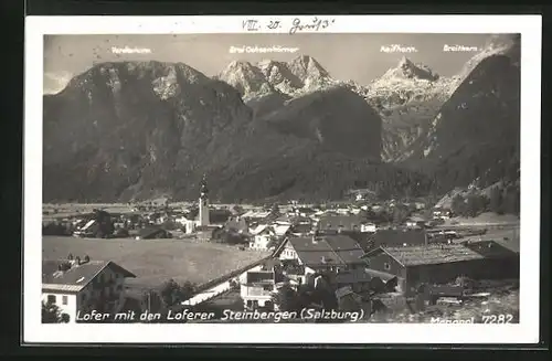 AK Lofer, Teilansicht mit den Loferer Steinbergen, Vorderhorn, Reifhorn u. Breithorn