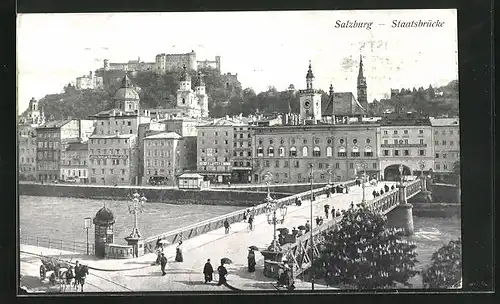 AK Salzburg, Staatsbrücke mit Geschäften