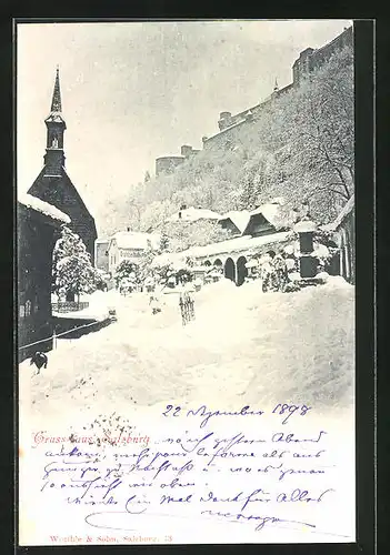 AK Salzburg, Ortspartie mit Kirche im Schnee