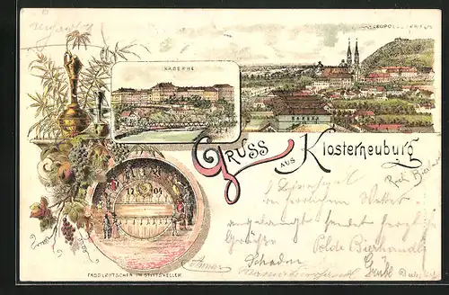 Lithographie Klosterneuburg, Leopoldsberg, Kaserne, Fasslrutschen im Stiftskeller