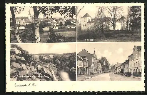 AK Gmünd, Schloss, Hauptplatz mit Café Huber, Felsenpartie beim Malerwinkel