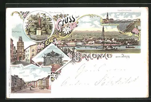 Lithographie Braunau am Inn, Stadthaus, Stadtplatz und die Innbrücke
