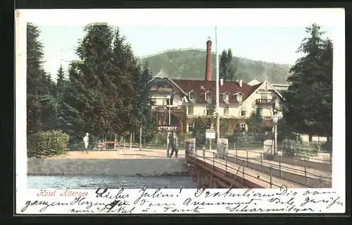 AK Attersee, Blick vom Steg aus aufs Hotel Attersee