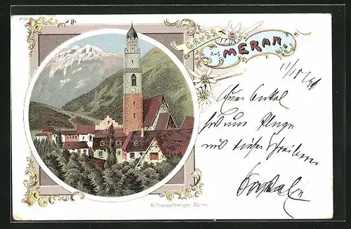 Lithographie Meran, Turm gegen Gebirge