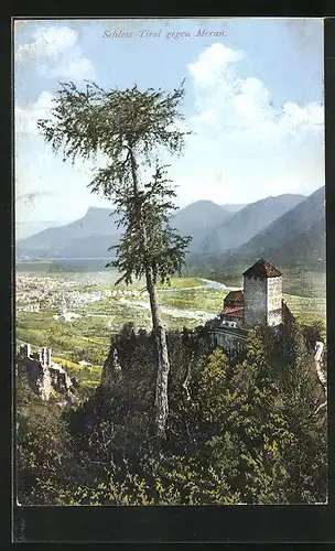 AK Meran, Talblick mit dem Schloss Tirol im Vordergrund