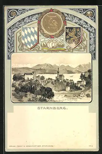 Passepartout-Lithographie Starnberg, Panoramablick auf den Ort, Wappen
