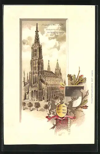 Passepartout-Lithographie Ulm, Totalansicht vom Münster, Wappen