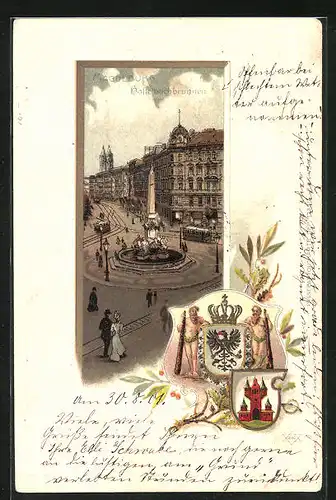 Passepartout-Lithographie Magdeburg, Strassenpartie am Hasselbachbrunnen, Wappen