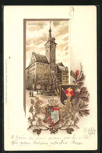 Passepartout-Lithographie Würzburg, Rathaus, Wappen