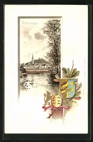 Passepartout-Lithographie Tuttlingen, Fernblick auf den Ort, Wappen
