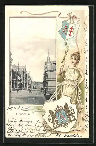 Passepartout-Lithographie Hersfeld, Strassenpartie im Ort, Wappen