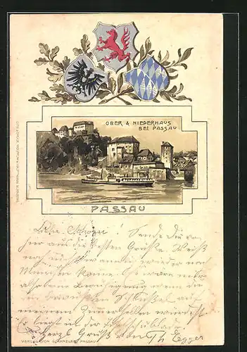 Passepartout-Lithographie Passau, Blick auf Ober- und Niederhaus, Wappen