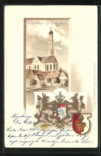 Passepartout-Lithographie Augsburg, St. Ulrichskirche, Wappen
