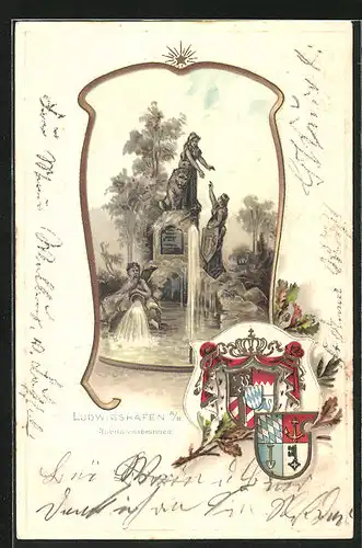 Passepartout-Lithographie Ludwigshafen a. Rh., Am Jubiläumsbrunnen, Wappen