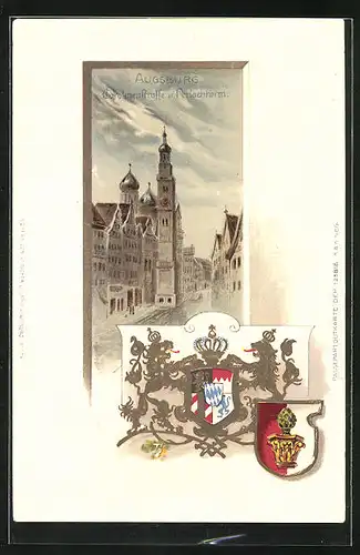 Passepartout-Lithographie Augsburg, Carolinenstrasse und Perlachturm, Wappen