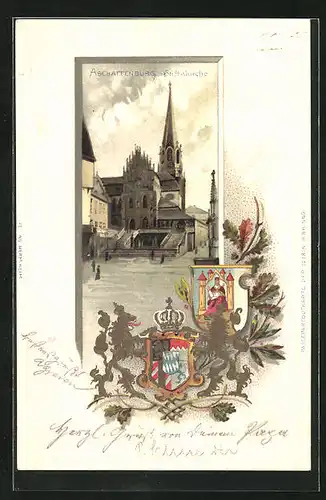 Passepartout-Lithographie Aschaffenburg, An der Stiftskirche, Wappen