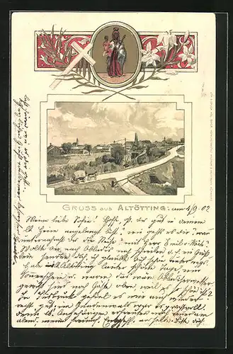 Passepartout-Lithographie Altötting, Strassenpartie am Ortrand, Wappen