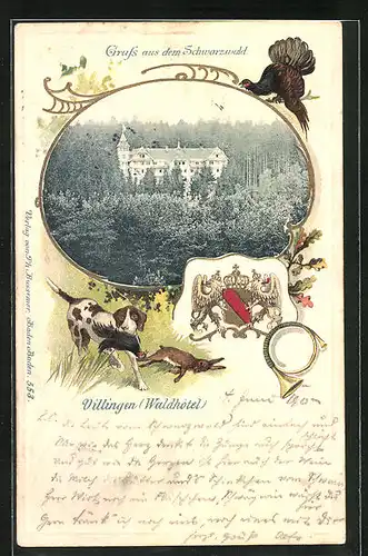 Passepartout-Lithographie Villingen /Schwarzwald, Blick zum Waldhotel, Wappen, Jagdhund