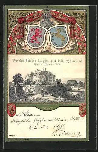Passepartout-Lithographie Schliengen, Hotel Pension Schloss Bürgeln, Wappen